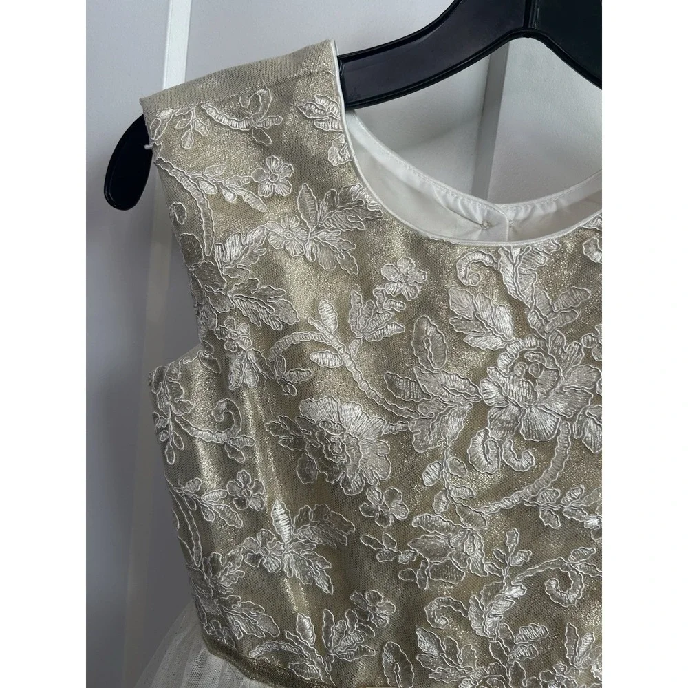 New Jona Michelle‎ Girls Floral Appliqué Metallic  Ruffle Dress size 8 Ivory